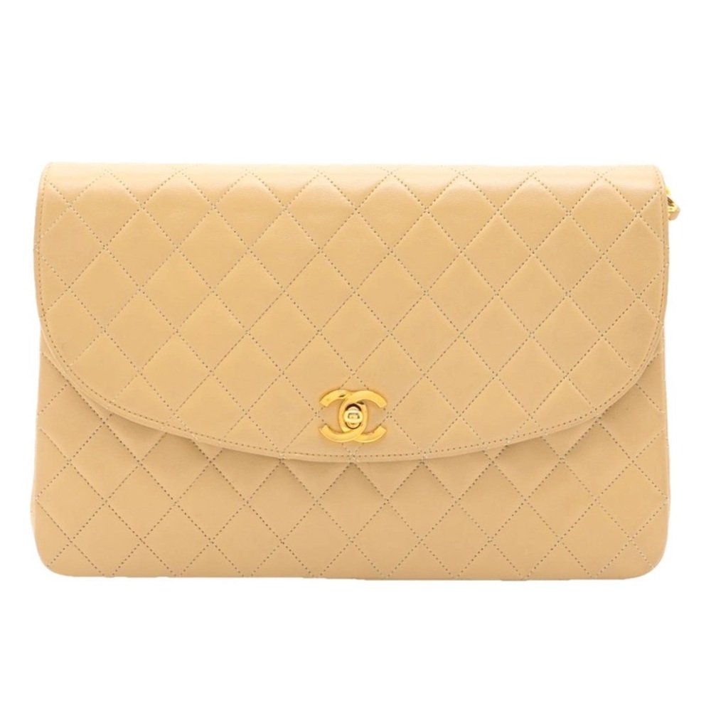 Auth CHANEL Beige Single Flap Shoulder Chain Bag 24k Gold CC Quilted Lambskin - Picture 8 of 11